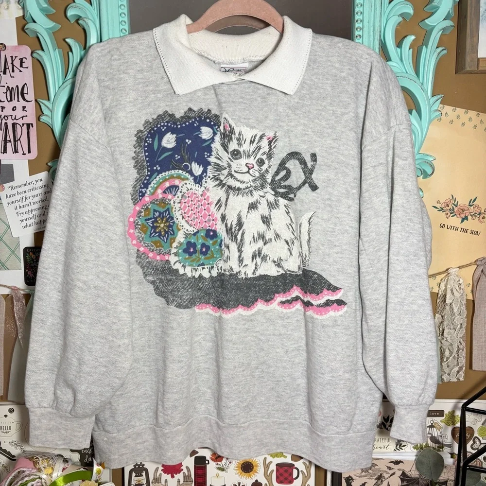 Vintage Haband For Her Gray Cat Collared Sweatshirt Women’s Sz.M VTG Grandma 90s - Picture 14 of 14